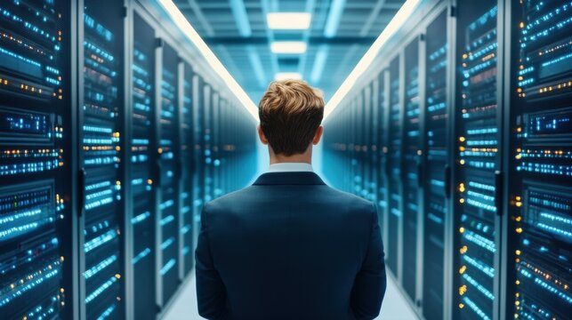 Businessman viewing server racks in a futuristic data center aisle, symbolizing IT infrastructure management.