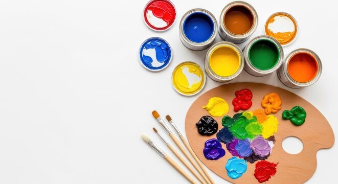 Colorful open paint cans, brushes, and a wooden palette with mixed paints on it
