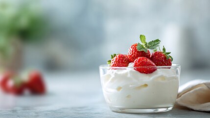 Blurred yogurt cup background, creamy white texture in glass bowl, fresh strawberries in soft focus, dreamy bokeh blur, clean minimal composition, wide blank copy space for text placement.