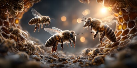 Honeybees meticulously navigate their complex honeycomb structure in a warm, natural light setting, showcasing their detailed wings and body patterns with the golden glow of the hive in a semi-macro