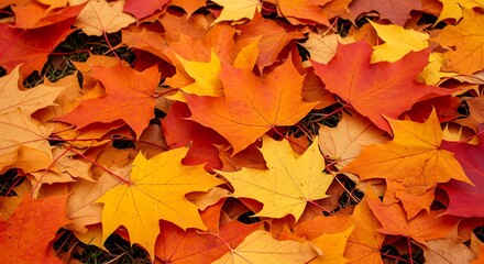 Close-up texture of a dense pile of colorful autumn leaves, perfect for a seasonal nature background or design