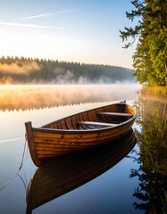Obraz premium A wooden boat floating on a quiet lake, surrounded by morning mist