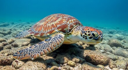 Obraz premium Sea Turtle Swimming Gracefully Over Rocky Seabed in Clear Blue Ocean Waters
