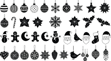 Black and white Christmas holiday icons collection with festive ornaments, snowflakes, Santa Claus, snowman, candy cane, holly, star, bird, stocking