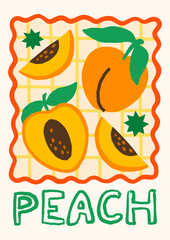 Summer tropical fruit vector illustration. Bold bright poster design with peaches on checkered background in whimsical frame