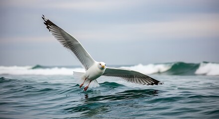 Fototapeta premium Seagull flying low over the ocean waves with wings spread wide