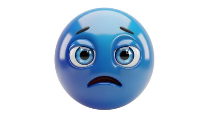 Fototapeta premium Sad blue emoji isolated on white background expressing feelings of sadness and despair