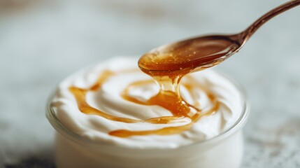 Fototapeta premium Blurred yogurt with golden honey drizzle background, shiny spoon in soft focus, warm natural light, dreamy soft blur effect, minimal clean composition, wide copy space for promotional text.