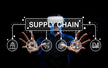 Innovative Supply Chain Management Concept with Virtual Reality Interface Demonstrated by User in Dark Environment