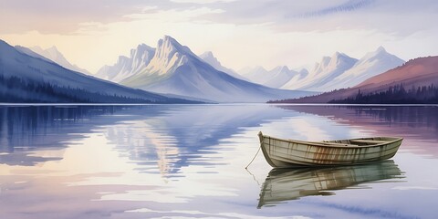 Lonely Boat on Calm Lake with Snowy Mountains