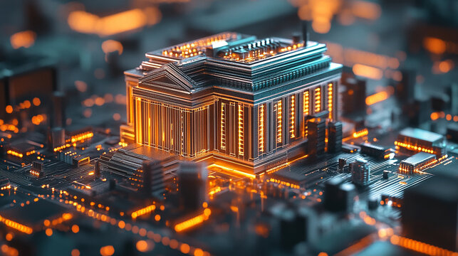 Digitally rendered futuristic bank on glowing circuit board, with neon lights symbolizing AI, cryptocurrency, and modern high-tech digital finance in white, gold, and silver tones.