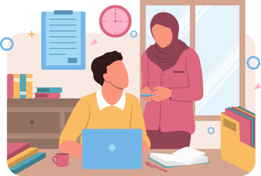 Illustration of Business Discussion with Man at Laptop and Woman in Hijab Near Window on Transparent Background