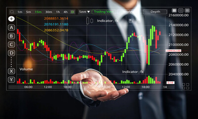 Professional Businessman Holding Transparent Digital Financial Chart Displaying Stock Market Trends and Data Analysis in Modern Office Environment