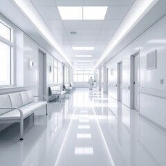 Obraz premium Clean Hospital Interior with White Walls, Benches, and Distant Medical Staff for Healthcare Concepts