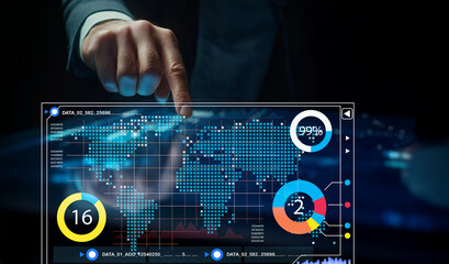 Businessman Analyzing Global Data Trends on Digital Tablet Interface with Colorful Charts and Graphs Representing Statistical Information in Dark Setting