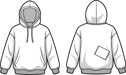 White hoodie mockup, front and back view, blank sweatshirt design, fashion apparel template, clothing vector, casual wear illustration