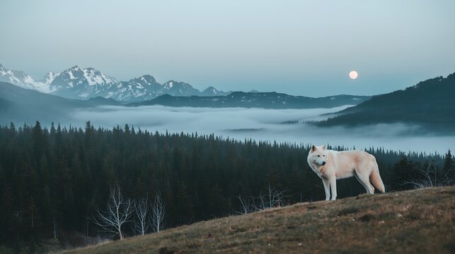 Majestic white wolf standing on a grassy ridge overlooking a mist-filled alpine valley, surrounded by towering snow-capped mountains and evergreen forest at dawn, capturing the spirit of wilderness an - Powered by Adobe