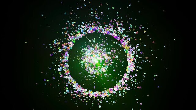 Colorful particles continuously generate and move outward while inner light streaks shift into vibrant hues as spheres vanish and reappear
