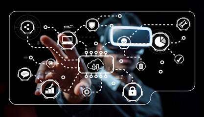 Obraz premium Futuristic Technology Concepts with Virtual Reality Interaction and Data Visualization in a Digital Environment