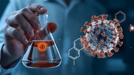 Futuristic laboratory concept showing a scientist’s hand holding a glass Erlenmeyer flask containing a glowing viral structure, surrounded by digital molecular graphics symbolizing research, analysis,
