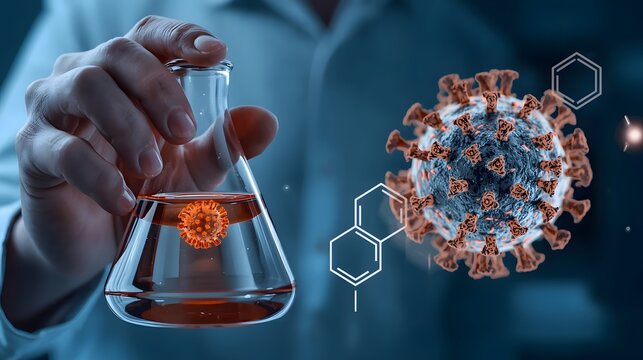 Futuristic laboratory concept showing a scientist’s hand holding a glass Erlenmeyer flask containing a glowing viral structure, surrounded by digital molecular graphics symbolizing research, analysis,
