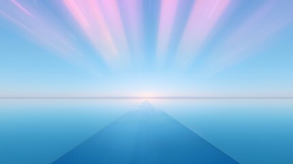 Fototapeta premium Surreal seascape with calm reflective ocean extending toward the horizon where radiant pastel light beams rise into the clear blue sky, creating an ethereal dreamlike atmosphere of tranquility and won