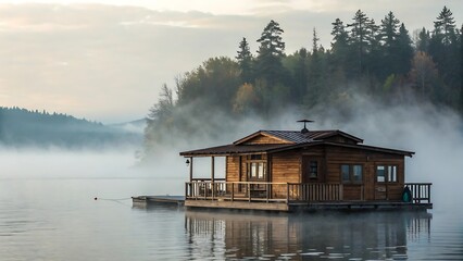 Fototapeta premium Floating Wooden Cabin on a Misty Morning Lake