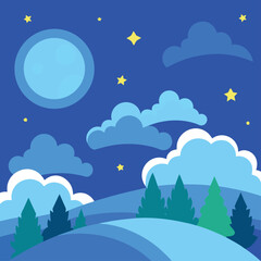 Whimsical cartoon night landscape with moon stars clouds and rolling hills under a blue sky