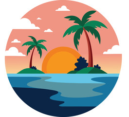 Tropical island sunset scene with palm trees ocean clouds and sun over horizon