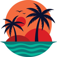 Tropical island paradise sunset with palm trees vibrant orange sun and ocean waves illustration