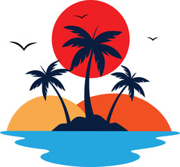 Vibrant tropical island sunset scene with palm trees and ocean waves