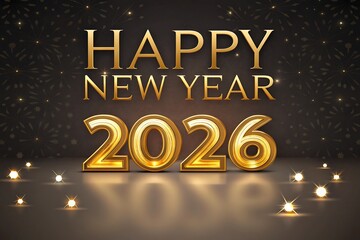 Happy New Year 2026 3D Gold Text with Subtle Firework Pattern and Glowing Floor Lights