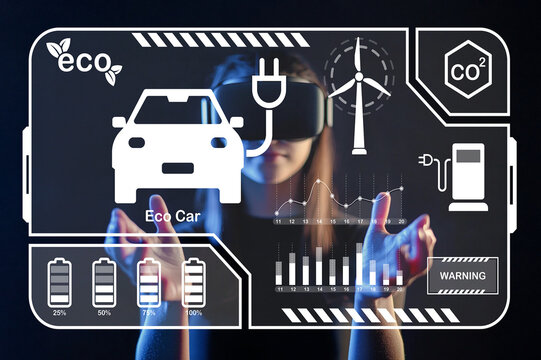 Woman Interacting with Virtual Eco-Friendly Car Technology and Renewable Energy Graphics in a High-Tech Environment