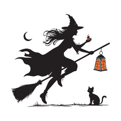 Halloween Witch Flying on Broomstick with Black Cat Silhouette Vector Illustration