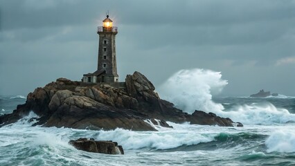 Obraz premium Isolated Lighthouse on a Rocky Island at Sea