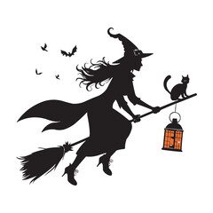 Halloween Witch Flying on Broomstick with Black Cat Silhouette Vector Illustration