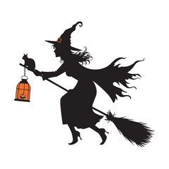 Halloween Witch Flying on Broomstick with Black Cat Silhouette Vector Illustration