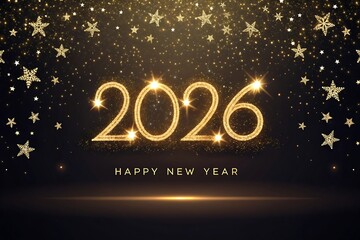 Happy New Year 2026 Glitter Gold Numbers with Festive Stars and Firework Explosion