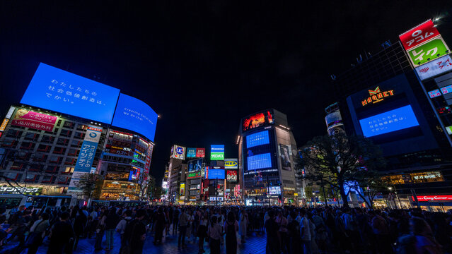 Shibuya, Tokyo, Japan - September 27 2025: Shibuya Scramble Crossing with many video and static advertising signs