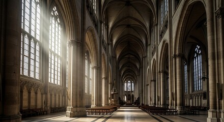 Sunlit Interior of a Grand Cathedral with Arches and Columns.