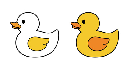 Two cute cartoon rubber ducks one white and one yellow playful bath toys for children's fun and hygiene isolated on white background