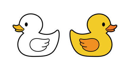 Cute cartoon duckling outlined and colored showing simple playful toy shapes for children's designs and creative projects isolated on white background