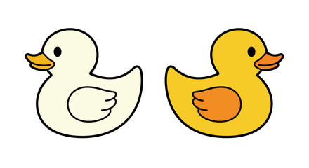 Two adorable cartoon rubber ducks one white one yellow side by side isolated on white seamless for design isolated on white background