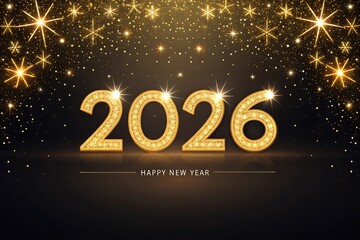 Happy New Year 2026 Glitter Gold Numbers with Festive Stars and Firework Explosion