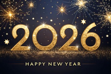 Happy New Year 2026 Glitter Gold Numbers with Festive Stars and Firework Explosion