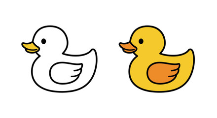 Cute cartoon yellow rubber duck and outline drawing of white duckling for coloring and design elements on isolated on white background