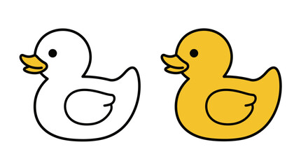 Cute cartoon yellow rubber duck and outline ready for coloring or design comparison simple fun bath toy illustration isolated on white background