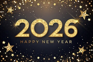 Minimalist Happy New Year 2026 Gold 3D Numbers in Frame with Confetti