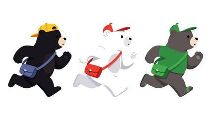 Three cheerful cartoon bears wearing backpacks and hats running with energetic motion and happy expressions in a dynamic composition isolated on white background