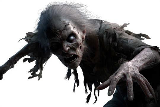 Terrifying undead creature with glowing eyes lunging forward with clawed hands, perfect for horror game assets or spooky Halloween designs.. Perfect for Halloween Designs